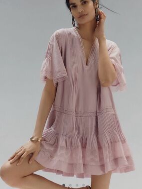 Maeve Short Sleeve V-Neck Pintuck Swing Mini Tunic Dress with Lace Trim